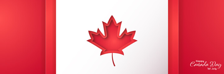 Happy Canada Day long horizontal banner in paper art style. Red Canadian maple leaf shape. Vector background.