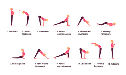 Vector flat illustration of yoga poses. Salutation to the sun icons.  Surya namaskar sequence.