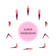 Vector flat illustration of yoga poses. Salutation to the sun icons.  Surya namaskar sequence.