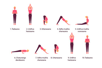 Vector flat illustration of yoga poses. Salutation to the sun icons.  Surya namaskar sequence.