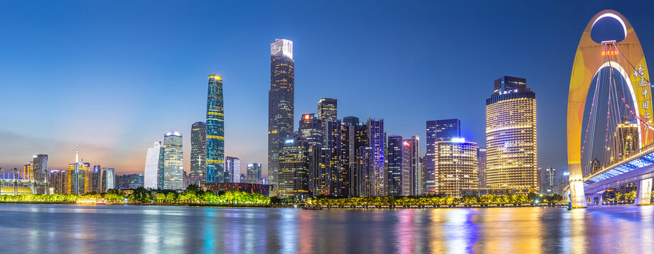 Panorama Of The Night View Of The Pearl River In Guangzhou, China