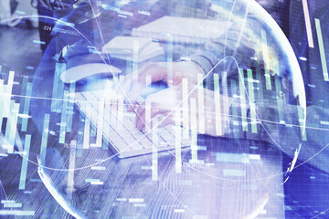 Multi exposure of businessman working on laptop on background. International business hologram in front. Concept of success.