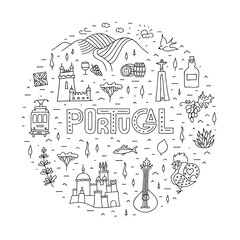 Portugal, travel, map, frame, outline, doodle, hand drawn, tourist, circle, vector, cartoon, sketch, tour, country, sign, locations, card, famous, poster, style, trip, tourism, graphic, architecture, 