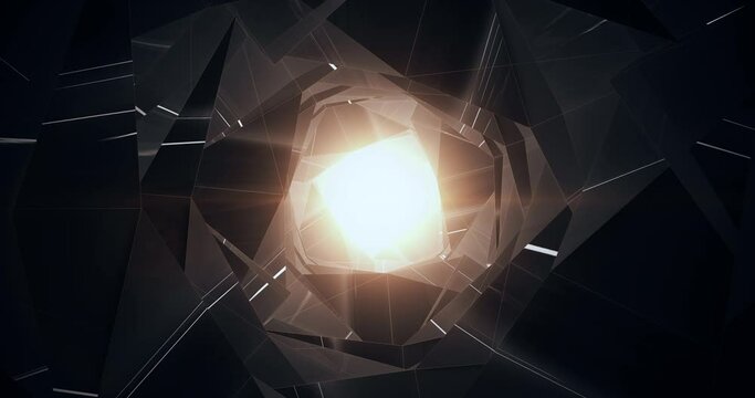 Abstract animation of geometric tunnel with realistic light rays. Photorealistic science lab tunnel research 3D render - 4K