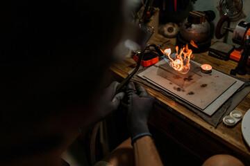 close-up. The jeweler makes a silver ring. On the island of Bali. Indonesia