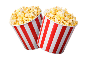 Set of paper striped buckets with popcorn isolated on white background