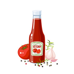 Ketchup bottle and ingredients: tomato, garlic and pepper. Vector illustration cartoon icon isolated on white.
