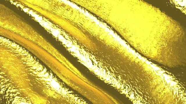 Abstract golden liquid surface with motion waves. Golden rich glamour wavy background. Gold brocade texture. Backdrop is associated with lava, caramel, amber, honey. Loop ready. 3D render, 4k, 60fps