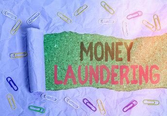 Writing note showing Money Laundering. Business concept for illegal process hiding origin of money...