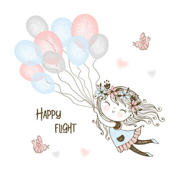 Cute girl flying balloons. Vector illustrations. Cards.