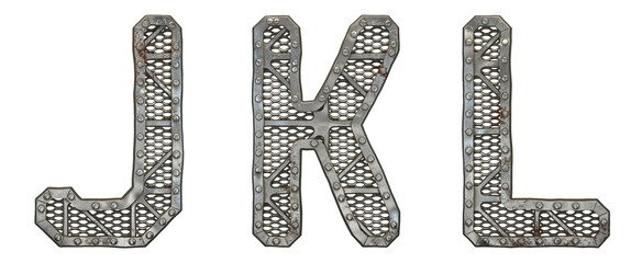 Mechanical alphabet made from rivet metal with gears on white background. Set of letters J, K, L. 3D