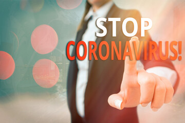 Writing note showing Stop Coronavirus. Business concept for Disease awareness campaign fighting to...