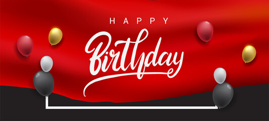 Happy birthday hand lettering. Handmade calligraphy vector illustration isolated with curtain, red ribbon background and balloons