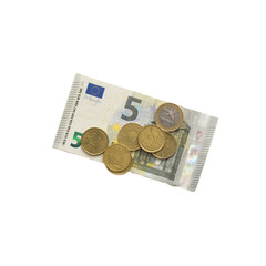 5 euro banknote and small coins