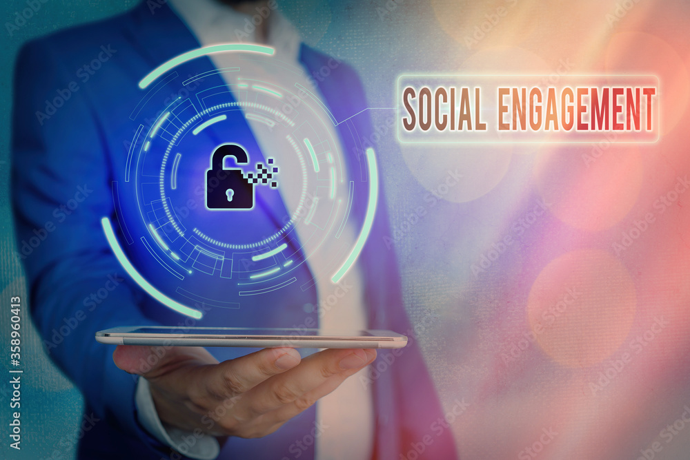 Poster handwriting text social engagement. conceptual photo refer to degree of participation in a community
