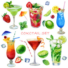 Watercolor illustration, set. Image of glasses with sex cocktails on the beach, mojito, margarita, cosmopolitan, strawberry mojito and blue lagoon.