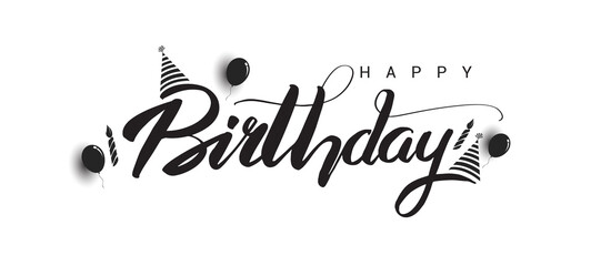 Happy Birthday lettering text banner with balloon, hat, candle, confetti, black color. Vector illustration.