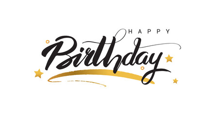 Happy Birthday.Beautiful greeting card scratched calligraphy black text word gold stars. Hand drawn invitation. Handwritten modern brush lettering white background.