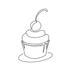 Cherry cupcake, one line art, dessert food isolated black and white sketch vector