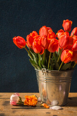 bouquet of red tulips in a metal bucket on a wooden table on a dark background