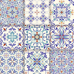 Seamless colorful patchwork in turkish style. Hand drawn background. Azulejos tiles patchwork. Portuguese and Spain decor. Islam, Arabic, Indian, ottoman motif. Perfect for printing on fabric or paper