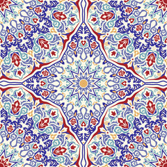 Seamless colorful pattern with Turkish motif. Hand drawn seamless abstract pattern from floral mandala. Majolica pottery tile, blue, yellow azulejo. Original traditional Portuguese and Spain decor