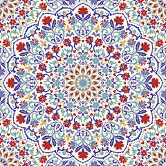 Seamless colorful pattern with Turkish motif. Hand drawn seamless abstract pattern from floral mandala. Majolica pottery tile, blue, yellow azulejo. Original traditional Portuguese and Spain decor