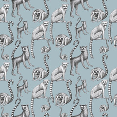 lemurs pattern drawing silhouette tropical animals isolate object gray background primacy