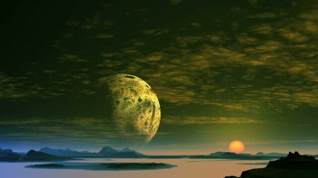 Huge Moon and Gentle Sunrise. Thick fog spills between the hills. Above the horizon is a huge planet. The bright sun slowly rises. Clouds are floating. 
