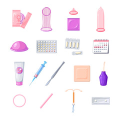 Methods of birth control and disease prevention: condom, pills, spermicide, IUD and other contraceptive. Vector illustration cartoon flat icon set isolated on white background.