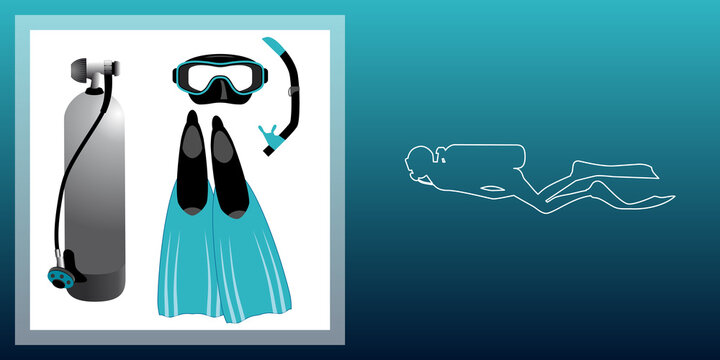 Illustration au trait d&rsquo;un plongeur sous-marin et quelques objets correspondant &agrave; ce sport.