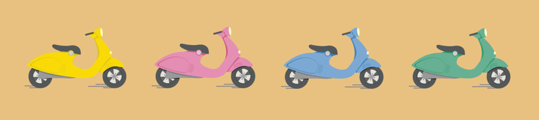 Vector set of mopeds on an isolated background. yellow green blue pink scooter. For design postcards, web site, application and courier delivery. Flat in vintage style, city transport. Stock Graphics