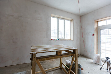 Material for repairs in an apartment is under construction, remodeling, rebuilding and renovation. Making walls from gypsum plasterboard or drywall.