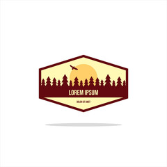 Outdoor Adventure vintage label, badge, logo or emblem. with mountains and forest silhouette. Vector illustration.