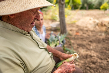 Old man cutting vegetables