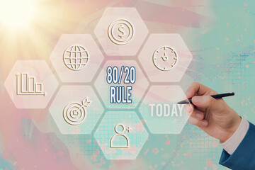 Text sign showing 80 Or 20 Rule. Business photo text law of the vital few as effect roughly...