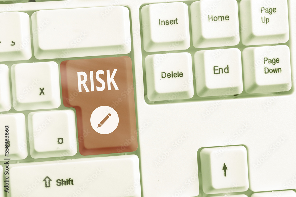 Poster conceptual hand writing showing risk. concept meaning implies future uncertainty about deviation fro
