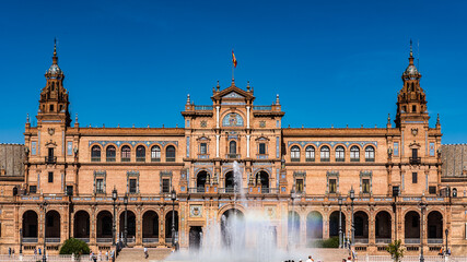 It's Central building at the Plaza de Espana in Seville, Andalusia, Spain. It's example of the Renaissance Revival style in Spanish architecture.