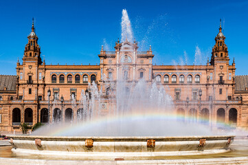 Fototapeta premium It's Central building and the fountain at the Plaza de Espana in Seville, Andalusia, Spain. It's example of the Renaissance Revival style in Spanish architecture.