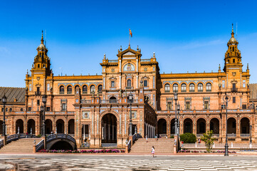 It's Central par of the building at the Plaza de Espana in Seville, Andalusia, Spain. It's example of the Renaissance Revival style in Spanish architecture.