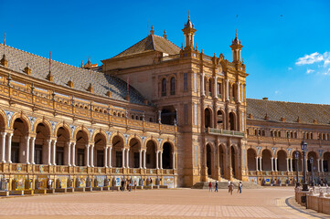 Fototapeta na wymiar It's Part of the Central building at the Plaza de Espana in Seville, Andalusia, Spain. It's example of the Renaissance Revival style in Spanish architecture.