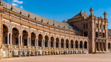 Fototapeta premium It's Part of the Central building at the Plaza de Espana in Seville, Andalusia, Spain. It's example of the Renaissance Revival style in Spanish architecture.