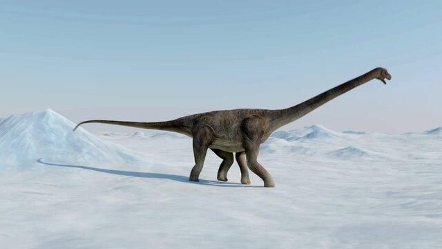 Dinosaur. Prehistoric snow landscape, ice valley with Dinosaurs. Arctic view. Realistic render and animation