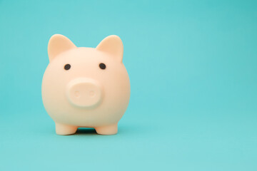 Savings concept. Moneybox in shape of pig on blue background space for text.