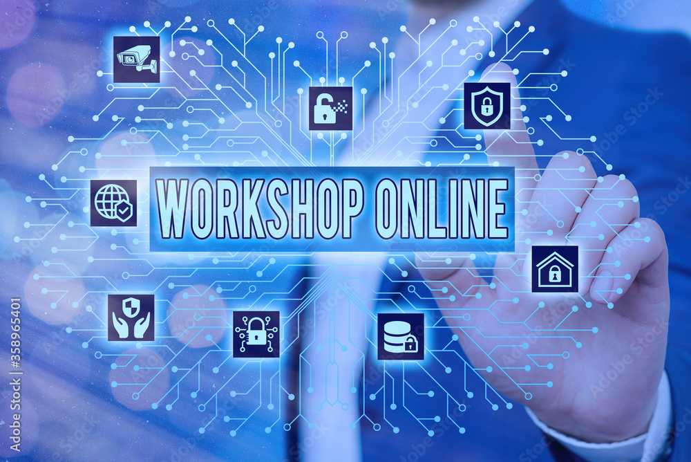 Aufkleber text sign showing workshop online. business photo showcasing course made available, digital platform