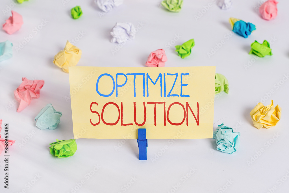 Poster conceptual hand writing showing optimize solution. concept meaning process of finding the greatest v