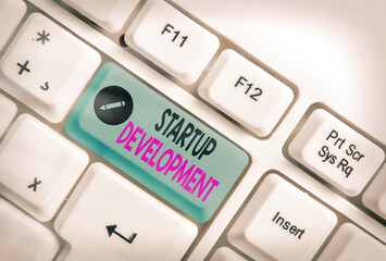 Conceptual hand writing showing Startup Development. Concept meaning developing idea which...