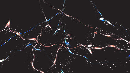 Beautiful purple abstract magical energy electric cosmic fiery shiny glowing lightning, lines, stripes with sparks on a black background. Vector illustration