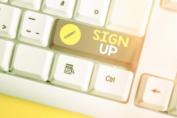 Conceptual hand writing showing Sign Up. Concept meaning site form of creating new account filled...
