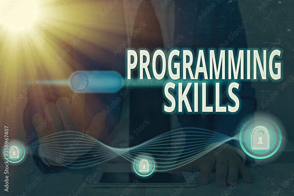 Poster word writing text programming skills. business photo showcasing expertise required to program accord
